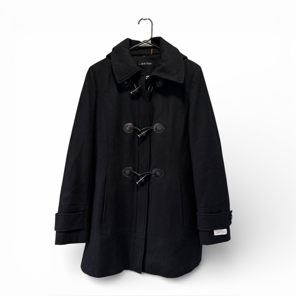 Calvin Klein Women's Black‎ Wool Blend Coat w/ Full Zip Toggle Buttons Sz 10
